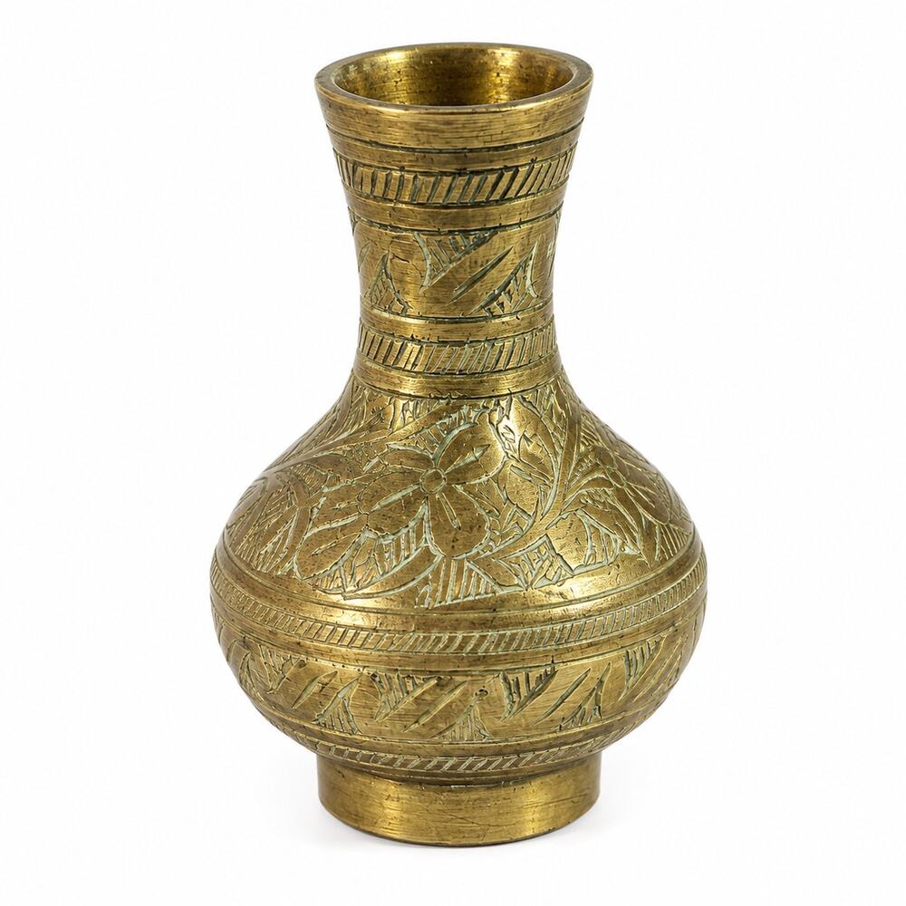 Vintage India Solid Brass Mini Candlestick Holder Hand Etched Floral 3"